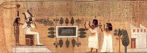 Scene from the Book of the Dead papyrus of Nakht showing him and his wife approaching Osiris and Ma'at in their garden