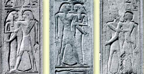 Left: The king embraced by Mut on the South Pillar; Middle: The king embraced by Mut on the North Pillar; Right: The King embraced by Amun