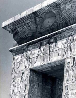 The cornice and lintel of the monumental gate's north facade leading into the enclosure of the Temple of Montu at Karnak