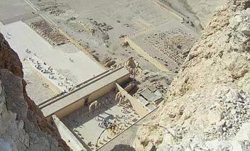 Looking down on the mortuary temple of Hatshepsut from a donkey ride over the ridge