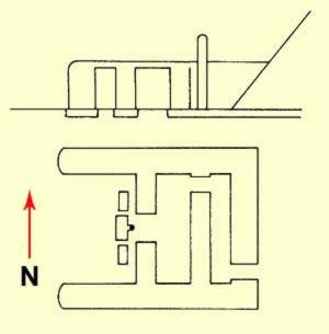 Ground Plan and side drawing of the small mortuary temple at the Meidum Pyramid