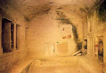 View of a tomb chamber with a painted Stelae at Plinthine