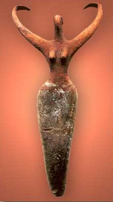 A very early anthropomorphic image, here fusing the form with zoomorphic characteristics. A female figure from the Naqada II Period