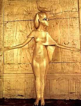 Statues of gods or goddesses, such as this one protecting Tutankhamun, were frequently made of gold, or gold gilded.